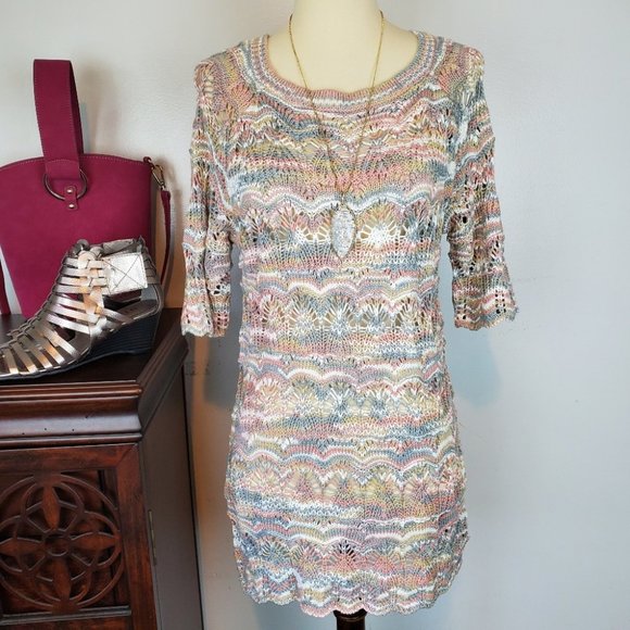 Westport Beautiful Gray Pink Tan White Crochet Tunic Sweater, NWT, XS - Picture 1 of 8
